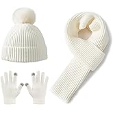 Lallier 3Pcs Kids Hat Scarf and Snow Gloves Set, Winter Knit Warm Soft Pom-Pom Beanie Outdoor for Boys Girls and Toddlers