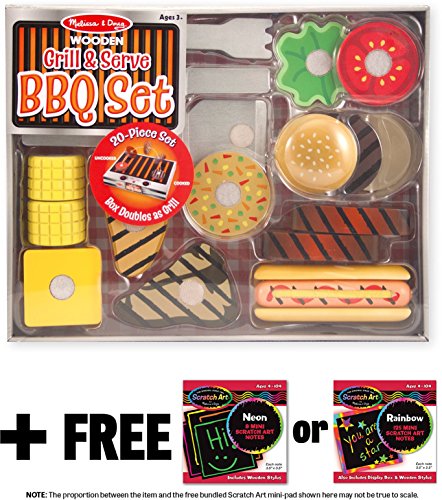 Grill & Serve BBQ Set: Wooden Play Food Set + FREE Melissa & Doug Scratch Art Mini-Pad Bundle (92807)