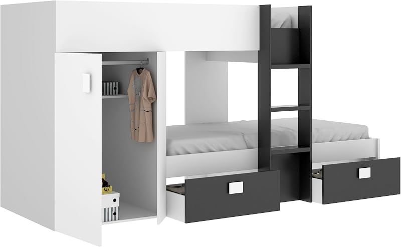 GROE - Cama Tren con 2 camas juveniles - Blanco / Grafito - 150x271x111 cm