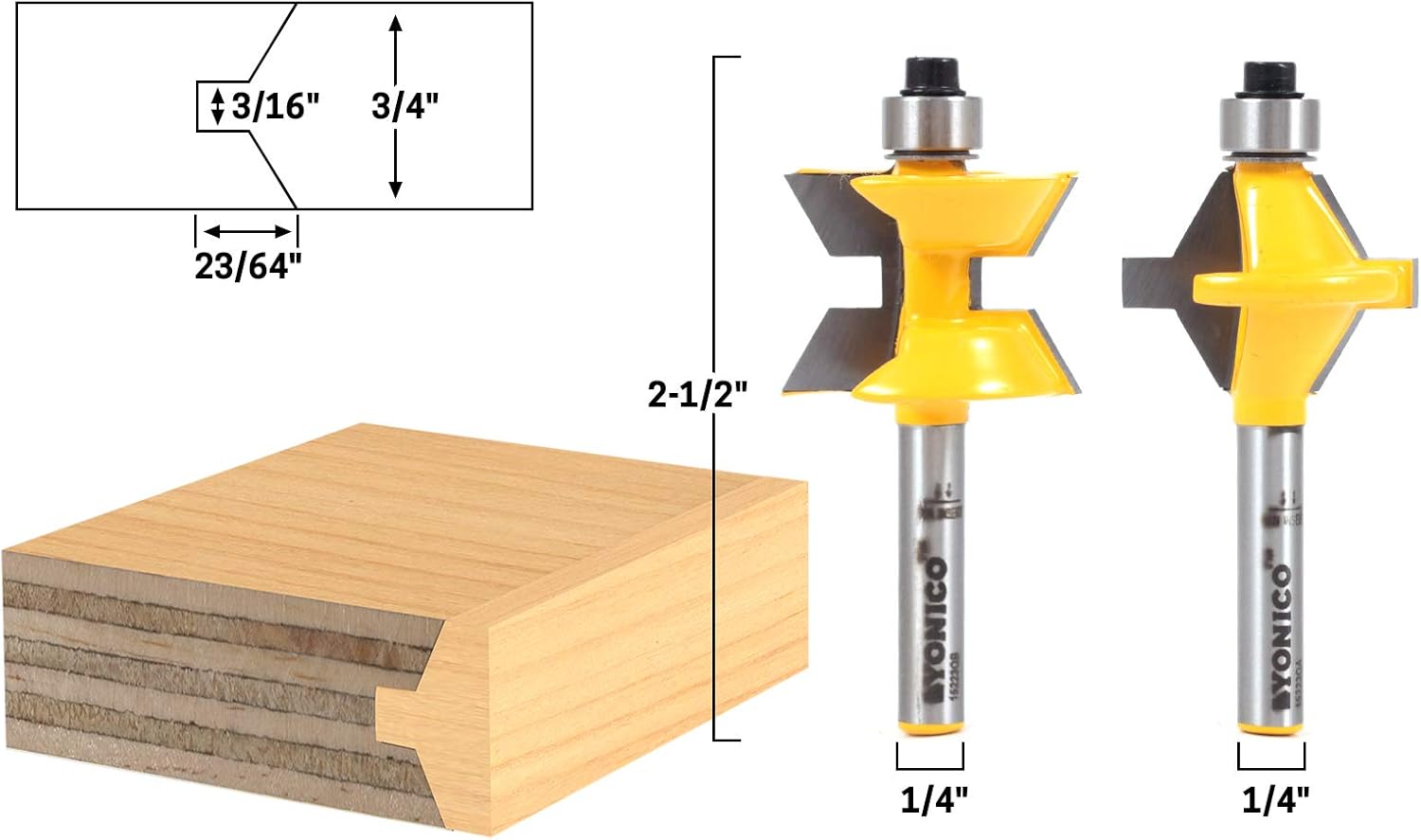 Yonico 15223q Small 2 Bit Tongue and Groove Edge Banding Router Bit Set 1/4-Inch Shank, 1/4 inch diameter, 1 inch length - Image 3