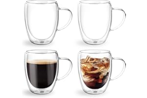 Double Wall Glass Coffee Mugs Glass Mug with Handles Double Wall Cappuccino Cups, 12oz of Set 4 Coffee Tea Mugs, Clear Glasse