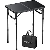 VINTEAM Camping Folding Table with Adjustable Height, Lightweight Portable Outdoor Picnic Table, BBQ Grill Side Table, Durable Aluminum Frame, MDF Desktop for Camping, Fishing, RV, Beach (Black)