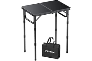 VINTEAM Camping Folding Table with Adjustable Height, Lightweight Portable Outdoor Picnic Table, BBQ Grill Side Table, Durabl