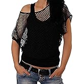MIAIULIA Women Casual Sexy 80s Costumes Fishnet Neon Off Shoulder T-Shirt