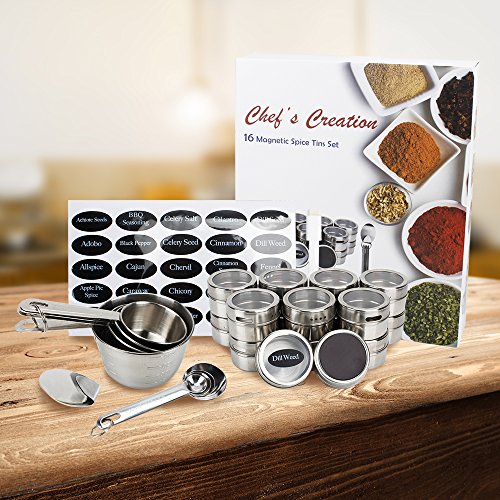 Magnetic 16pc. Spice Tin set with 4 measuring spoons, 4 measuring cups, 2 adhesive hooks and 96 spice labels and 56 blank labels. FDA APPROVED