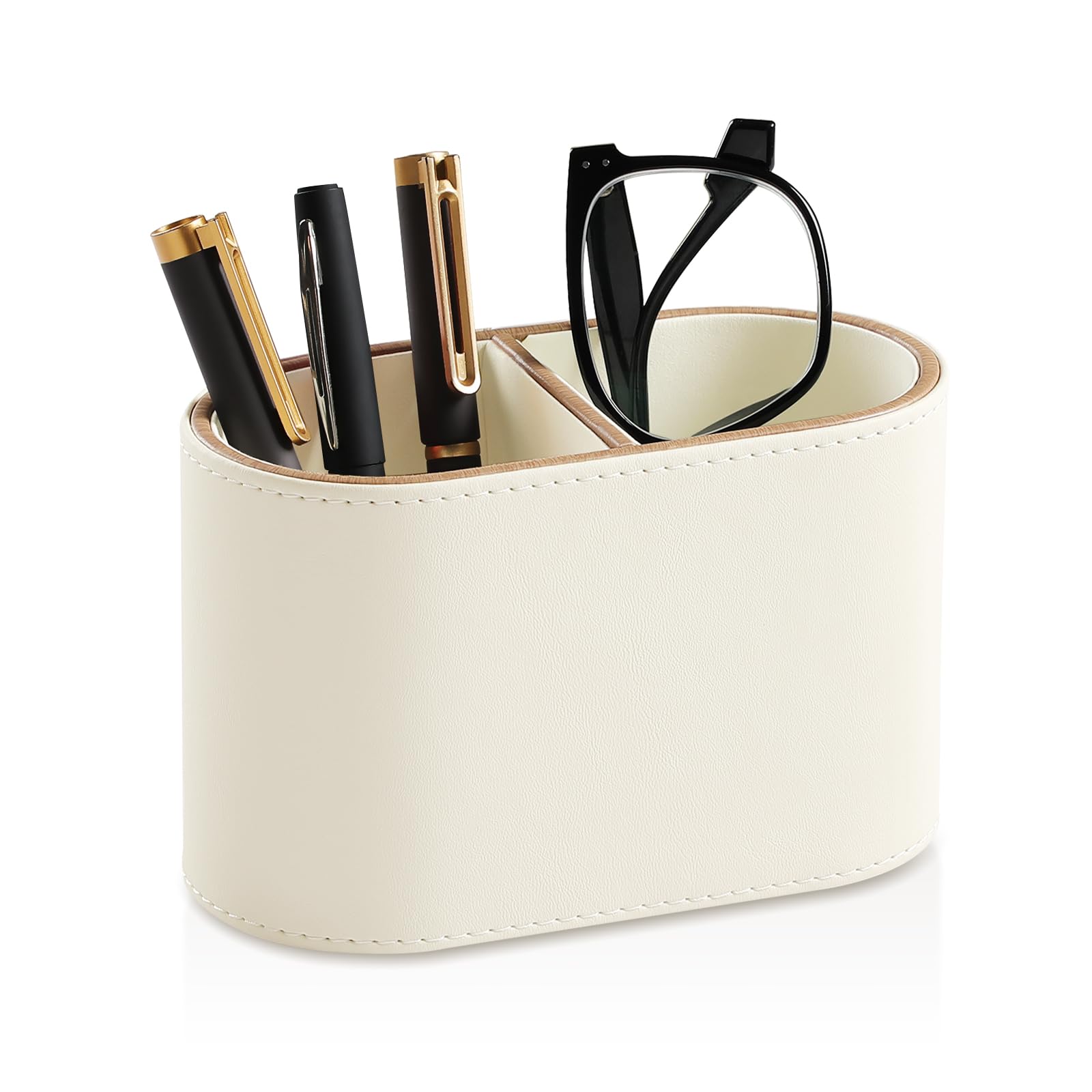 Photo 1 of MEIBOOCH PU Leather Pen Holder for Desk, Small Remote Control Holder Pencil Cup Multifunctional Desktop Organizer Caddy for Home School Office Desk Accessories - 2 Compartments (Beige)