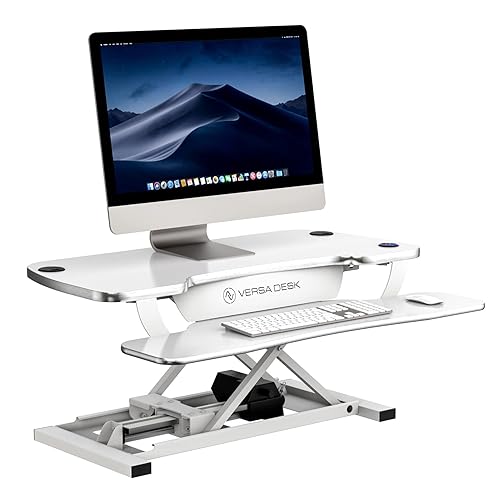 Power Pro Electric Height-Adjustable Desk Riser by VersaTables | USA Manufactured | Standing Desk Converter | Sit to Stand Desktop with Keyboard + Mouse Tray | 36"x 24" | White