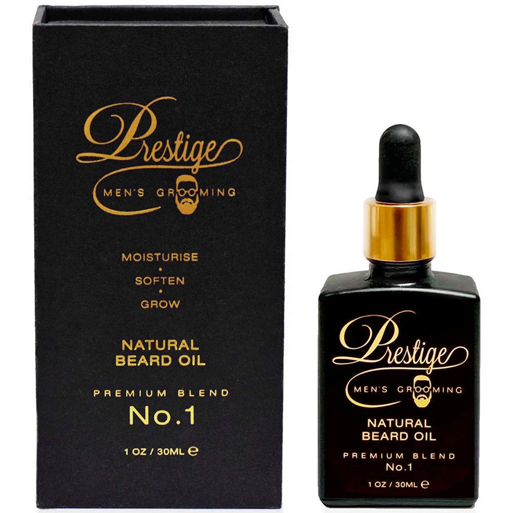 Beard Oil for Men by Prestige Mens Grooming — for Healthy Beard Growth — 100% Premium Natural Blend — Beard conditioner Oil — Patchouli oil & Ylang Ylang oil (musky-earthy, floral Scent) 30ml