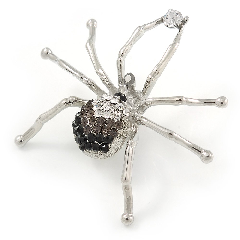 Black/Grey/Clear Crystal Spider Brooch In Rhodium Plated Metal - 60mm