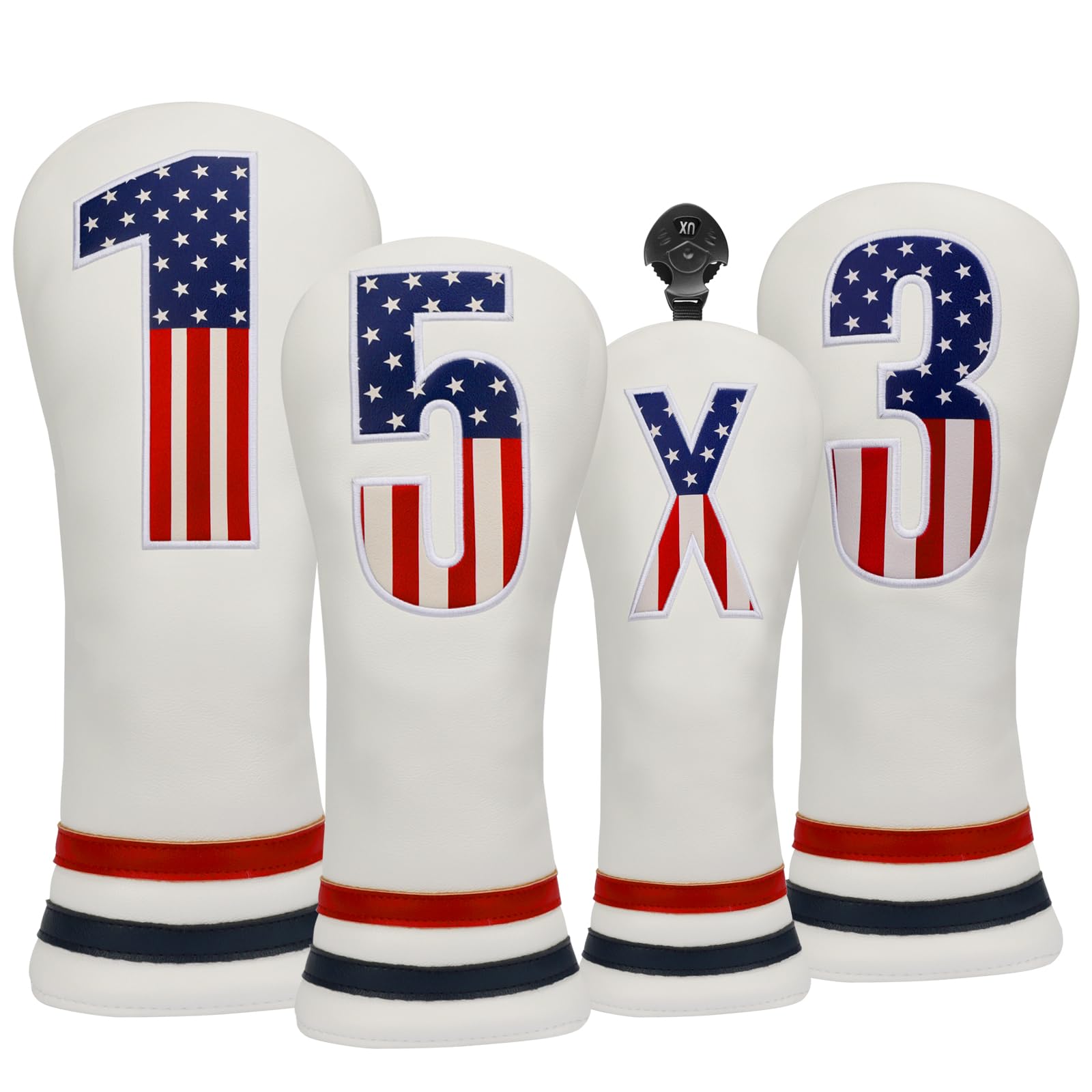 Photo 1 of Golf Club Covers, 4pcs Premium PU Leather Golf Club Head Covers for Woods and Driver Fairway Hybrid, USA Flag Patriotic Golf Head Covers for Men and Women - Fits Most Golf Clubs(White)