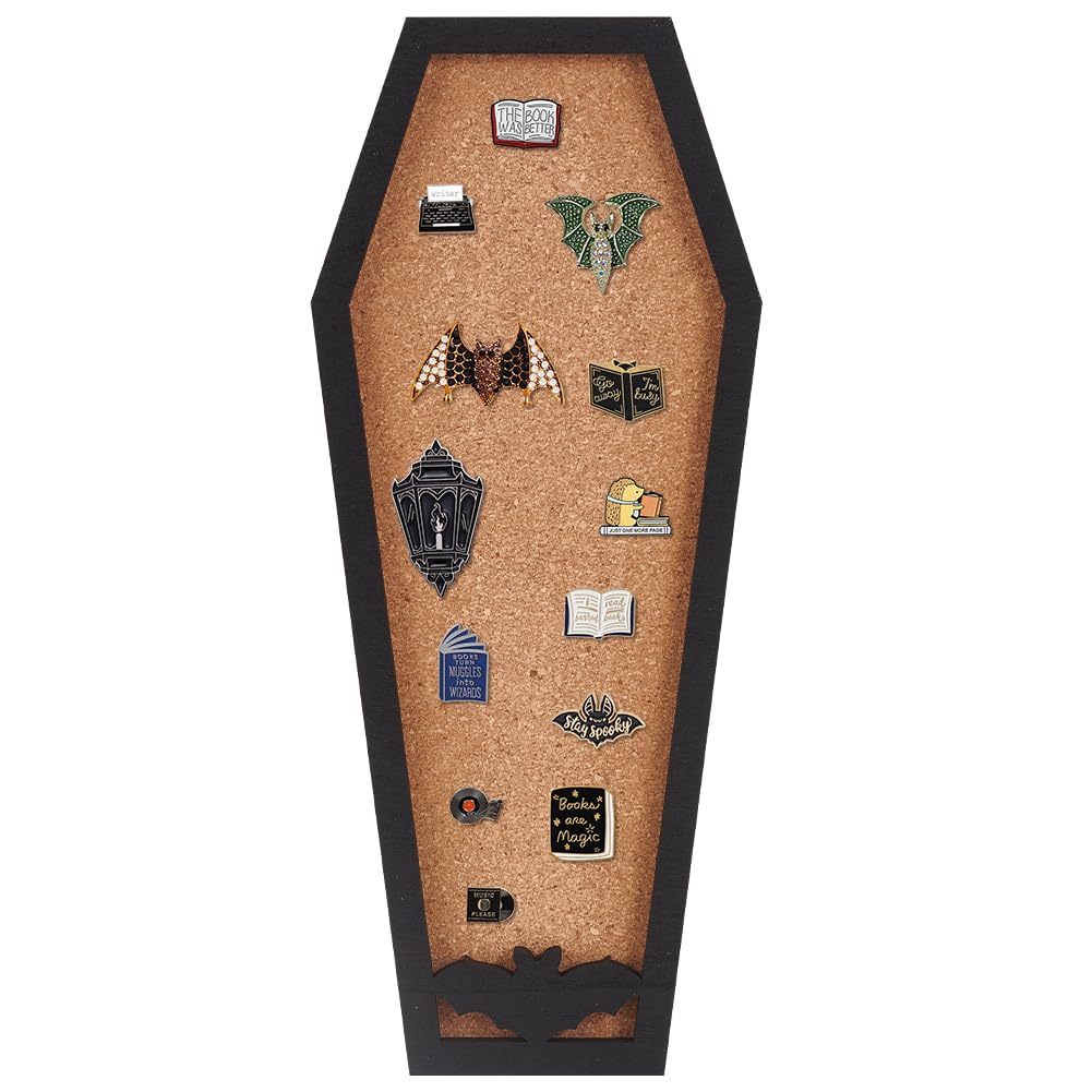 BENECREAT Coffin Bat Pin Cork Board, 28.6x12cm Bulletin Display Wall Mounted With Black Frame for Brooch Pin Display, Home School Halloween Decor