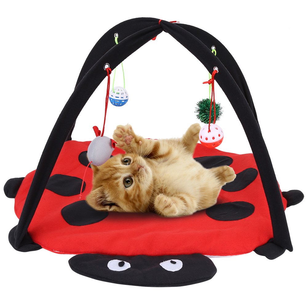 Foldable Cat Activity Play Mat with Hanging Toy Balls - Interactive Kitten Toys Multifunction Pet Bed Hammock for Cats