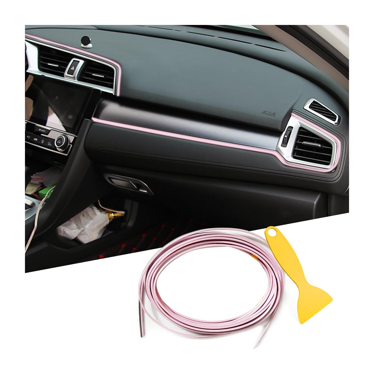 Photo 1 of Osilly Car Interior Moulding Trim Strips, 33Ft/10M Universal Electroplating Decoration Filler Insert Strips, Styling Dashboard DIY Flexible Strip, Garnish Accessory with Installing Tool (Pink)