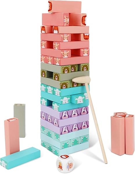 Amazon Co Jp Iking バランスゲーム 木製積み木 知育玩具 バランスジェンガ ドミノ 木のおもちゃ ブロック テーブルゲーム 子供 誕生日プレゼント ギフト パーティーゲーム 木製玩具 かわいい動物柄 収納袋付き 6カラー 48ピース 室内遊び Toys