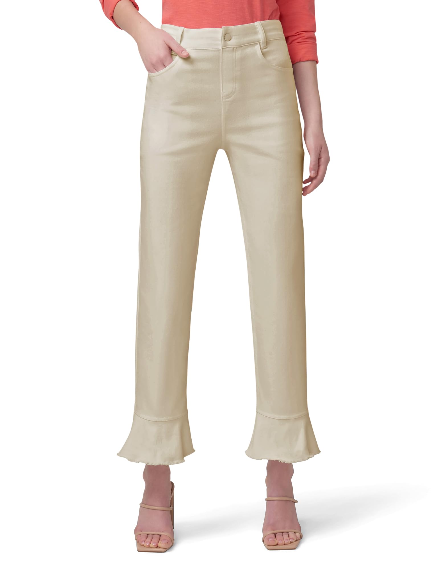 HUE Women’s Fashion Denim Jean Skimmer Leggings, White Pepper-Front Ruffle Hem