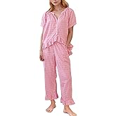 Flygo Womens Plaid 2 Piece Pajamas Sets Gingham Button Down Puff Sleeve Babydoll Shirt Ruffle Pants Y2K Pjs Lounge Set