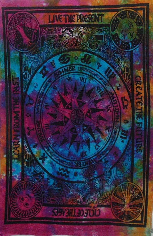 Muticoloured CELTIC CYCLE OF AGES Wall Tapestry Stages of ages Cotton Tie dye Wall Tapestry Galaxy Star Astrology tapestry Boho Hippie Table mat 40 x 30 inches (Multi)