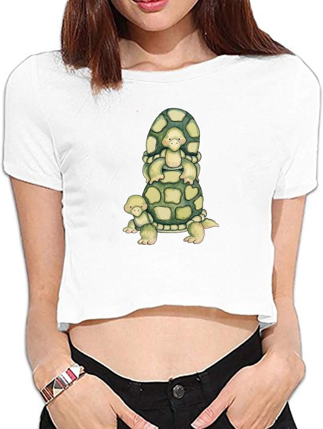 Turtle Stack Pile Juniors Crop Tops Girls Midriff Short Sleeve Shirt