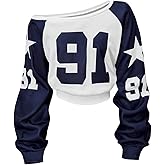 OYOANGLE Girl's Number Star Graphic Off the Shoulder Sweatshirts Y2K Tight Hem Pullover Tops