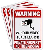 Sheenwang 4-Pack Private Property No Trespassing Sign, Video Surveillance Signs Outdoor, UV Printed .040 Mil Rust Free Aluminum 10 x 7 in, Security Camera Sign for Home, Business, Driveway Alert, CCTV