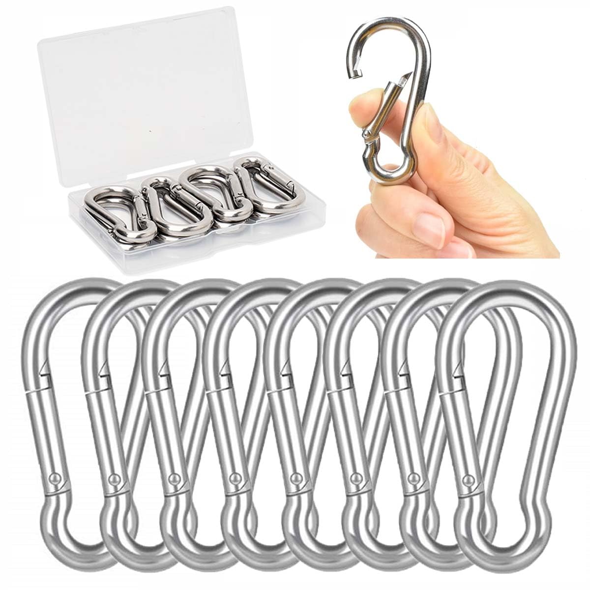 8 PCS Carabiner Clip, 304 Stainless Steel Heavy Duty M6 Carabiner Snap Hook, Caribeana Clips For Hammock Swing Set Outdoor Travel Camping Fishing Hiking