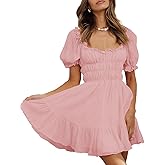 MIYIEONZ Women's Square Neck Puff Sleeve Mini Dresses Ruffle Elastic Waist A-Line Elegant Summer Casual Flowy Mini Dress