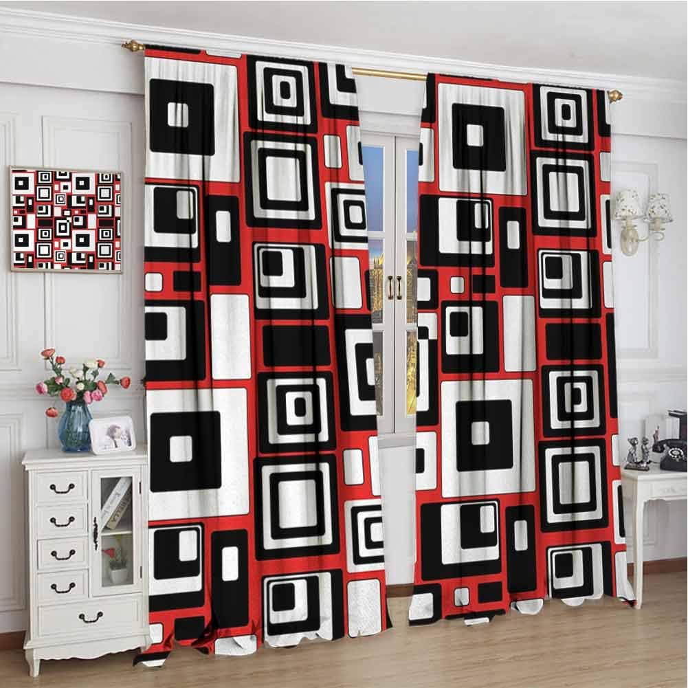 GUUVOR Abstract Wear-Resistant Color Curtain Minimalist Geometric Figures Retro Rectangle Forms Nostalgia Art Print Waterproof Fabric W120 x L72 Inch Vermilion Black White