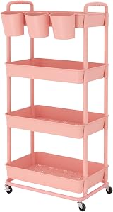 JIUYOTREE 4-Tier Plastic Rolling Storage Cart Pink with Lockable Wheels view 8