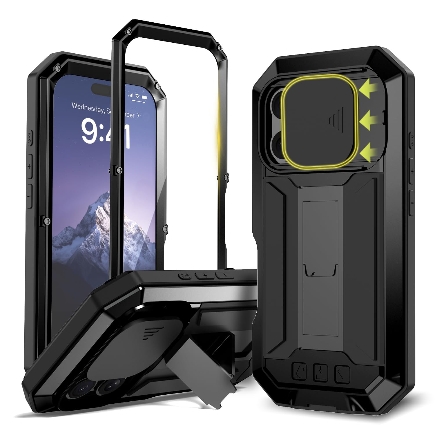Compatible for iPhone 16 Pro 5G Case, Aluminum Metal Gorilla Glass Shockproof Military Heavy Duty Sturdy Protector Cover Hard Case with Sliding Camera Cover & Screen Protector & Kickstand (Black)