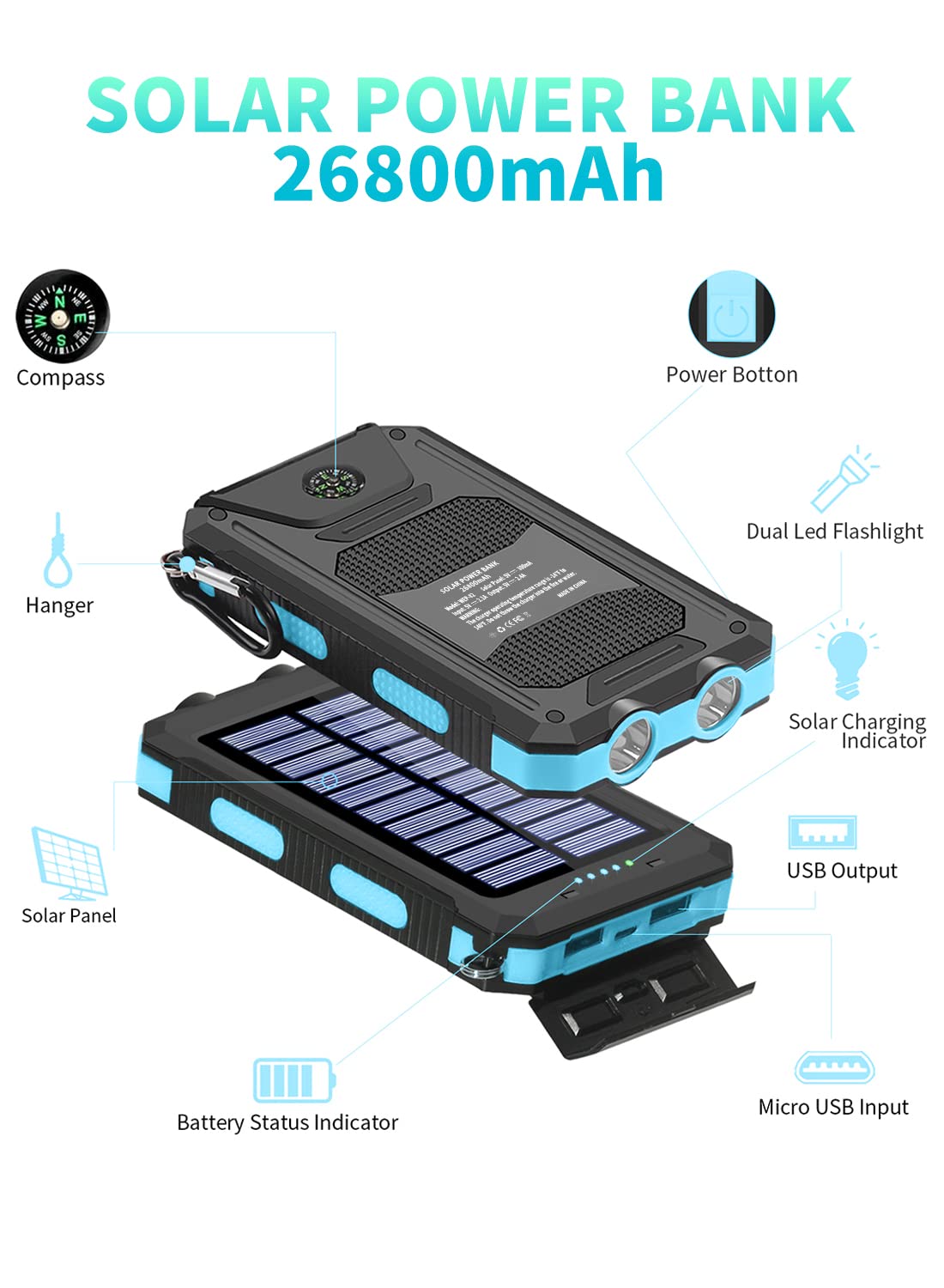 YOLOSKS Solar Power Bank 26800mAh, Portable Solar Charger, Dual 5V USB