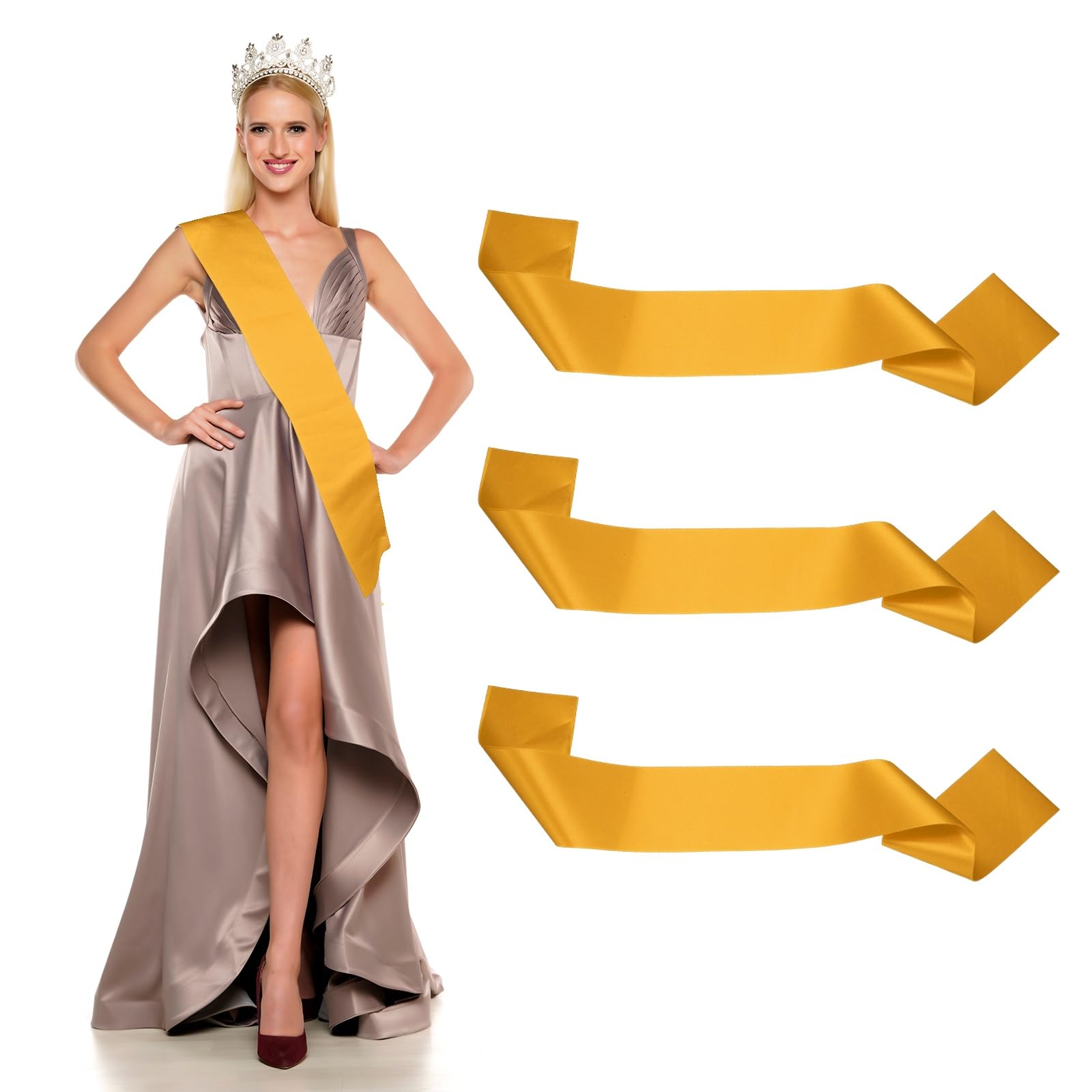 YELARXI Satin Sash, Blank Sash, Pageant Ribbon - Fitting for (Beauty Pageant/Party/Wedding/Birthday/DIY Decorations) 3 Pack & Gold โ image 1