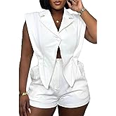 YAWJET Women Summer Sleeveless Rompers Casual V Neck Wide Leg Short Jumpsuit Irregular Hem One Piece Outfits