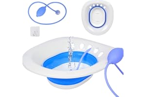 PRIDKEN Sitz Bath for Hemorrhoids, Sitz Bath for Toilet Seat, Sitz Bath for Postpartum Care,Collapsible Sits Bath Kit for Women,Easy to Store,Flusher Hose,Wide Seat,Deeper Bowl (Manual Blue)