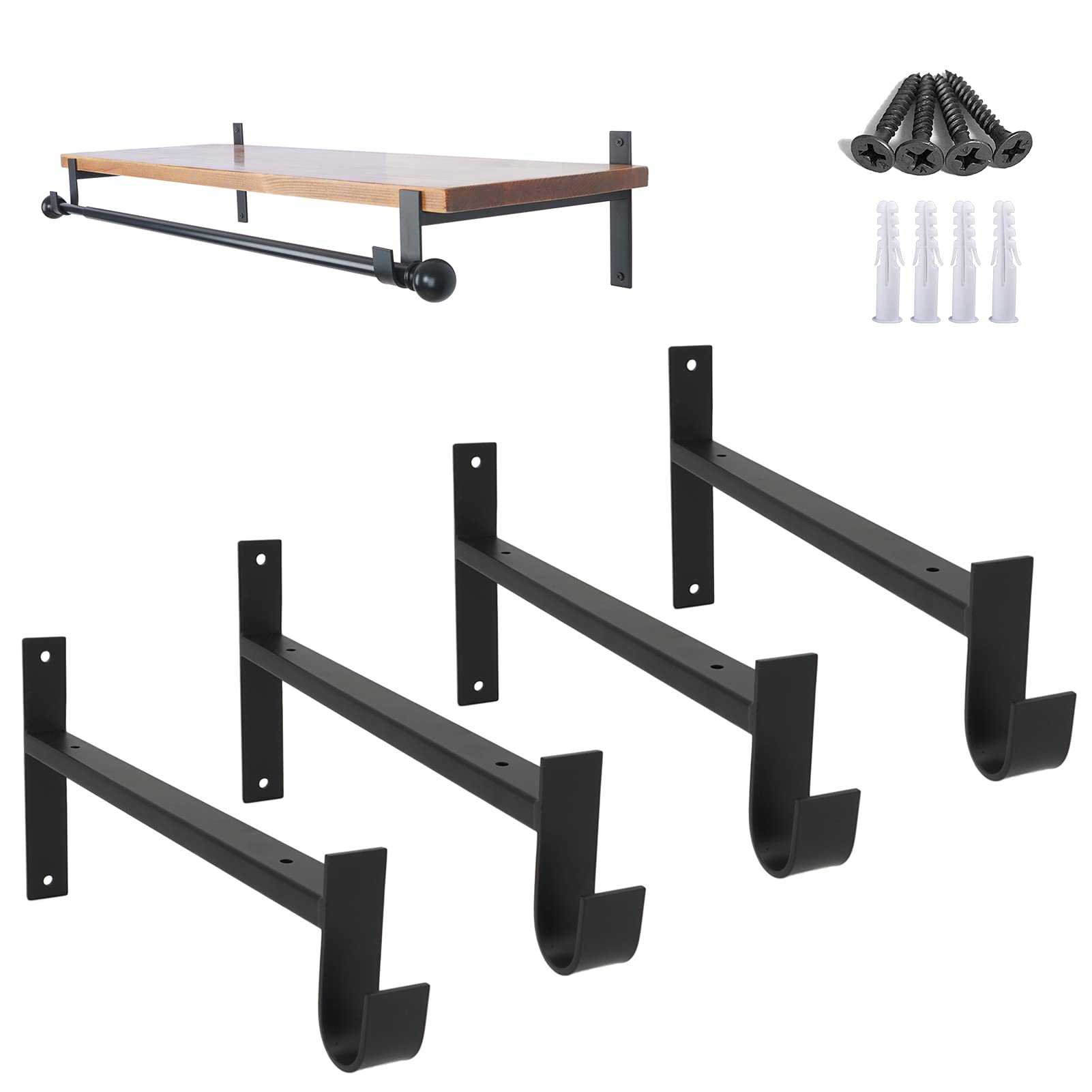 Photo 1 of AddGrace Closet Rod Bracket Heavy Duty Shelf Brackets 12 Inch Black Wall Mounted Closet Rod Support with Pole Holder Industrial Iron Shelving Supports with Hook (4 Pack)