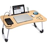 Slendor Foldable Lap Desk with Cup Holder, Bed Tray Table for Couch, Laptop | Bed Tray for Eating and Work, Folding Computer Tray with USB Light &amp; Fan, Phone Stand for Sofa, Floor, Travel