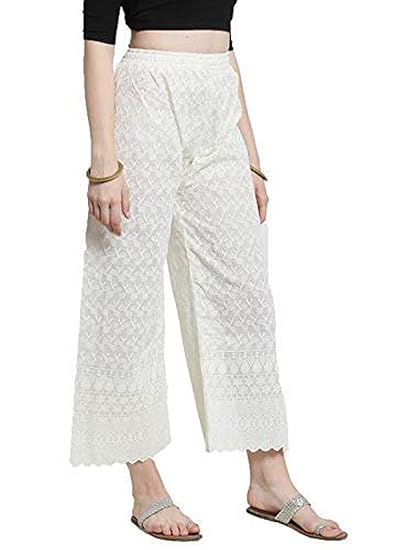 Women's Lucknow Chicken Art Work Embroidred Cotton Palazzo Free Size.