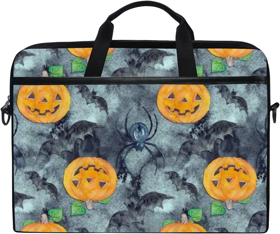 LIASDIVA Laptop Bag,Pumpkin Lantern Retro Oil Painting Bat Spider Demon Geometry Pattern Halloween Theme,Multi-Functional Laptop Shoulder Messenger Bag for MacBook 15-15.4 inch Notebook for Men Women