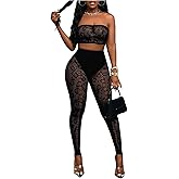 Milumia Women's 2 Piece Fishnet Lingerie Set Leopard Mesh Strapless Crop Tube Top Leggings Sets