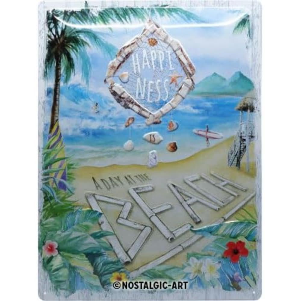 Nostalgic-Art Retro Tin Sign – Happiness is a day at the beach – Gift idea for travellers, Metal Plaque, Vintage design for decoration, 30 x 40 cm
