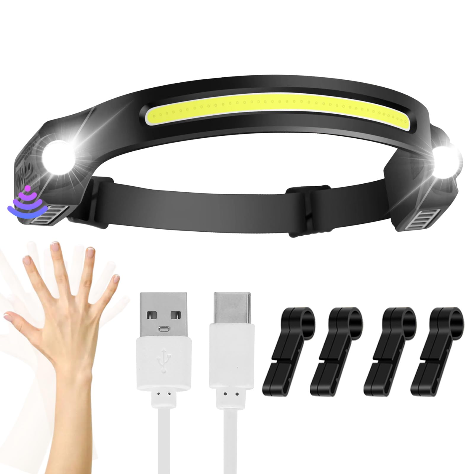 Head Torch Rechargeable Headlamp 2*XPE 6 Modes Motion Sensor Headlight 260 Degree Widen View LED Headtorch IPX4 Waterproof Hands-Free Flashlight gift for Adults Kids Camping,Running,Fishing,Cycling