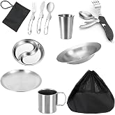Stainless Steel Camping Mess Kit Person Dish Set with Mesh Bag Backpacking | 304 stainless steel, 1 person set, deep plate bowl mug cup fork spoon knife, lightweight for hiking backpacking travel