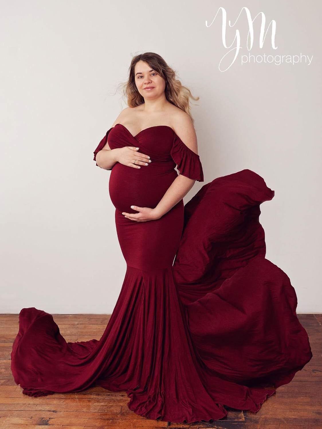 Saslax Off Shoulder Ruffle Sleeves Elegant Fitted Maxi Maternity Dress for Photoshoot Baby Shower: Clothing