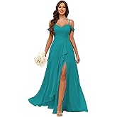 ZHCHUI Women's Off The Shoulder Bridesmaid Dresses with Pockets Pleated Chiffon Formal Evening Dress with Slit
