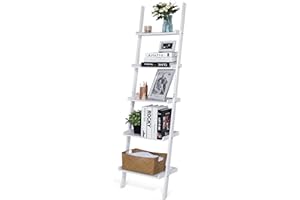HYNAWIN Ladder Shelf 5-Tier Bookshelf – Storage Rack Shelves Wall Leaning Shelf,White Freestanding Plant Flower Stand, Corner Display Bookcase