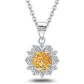 Yellow CZ Citrine Necklace Sterling Silver Sparkle Round Halo Citrine Pendant Necklace Fashion November Birthstone Jewelry Gifts for Women Birthday Wedding Christmas Engagement Promise Anniversary