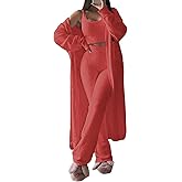 Fixmatti Women's Fuzzy 3 Piece Sweatsuit Open Front Cardigan Crop Tank Tops Wide Legs Pants Lounge Sets