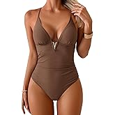 Eomenie Womens Swimsuit Sexy Deep V Neck One Piece Bathing Suit Tummy Control Ruched Swim Suit with Adjustable Straps