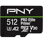PNY 512GB PRO Elite Prime Class 10 U3 V30 A2 microSDXC Card + SD Adapter - up to 200MB/s, Class 10, U3, V30, A2, 4K UHD, Full