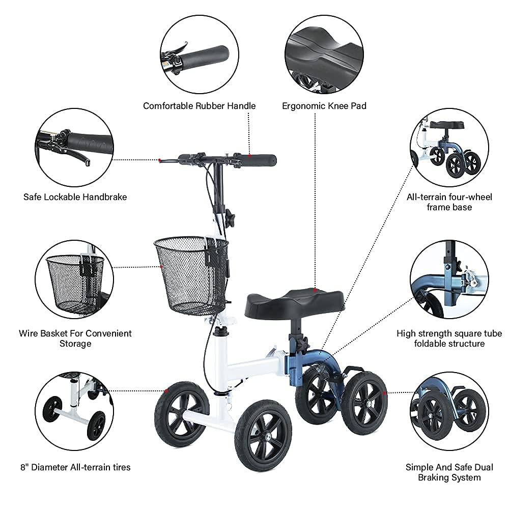RINKMO Knee Scooter,All-Terrain Foldable KneeWalker Economical Leg Scooters for Foot Injuries Best Crutches Alternative (White+Blue)