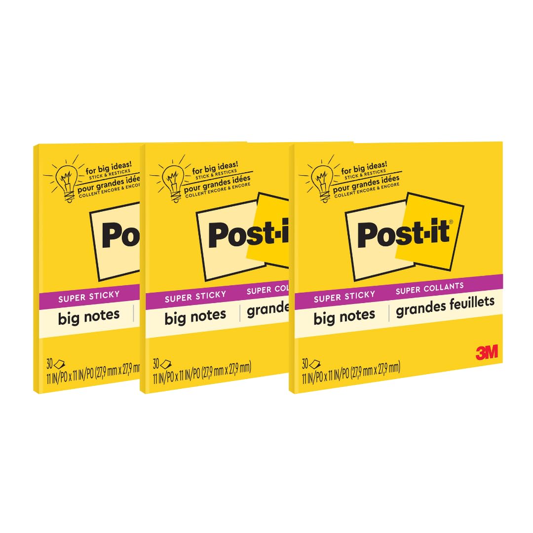 Post-it Super Sticky Big Notes, 11 in x 11 in, 1 Pad, 2X The Sticking Power, Yellow, Recyclable (BN11), 3 Pack Image